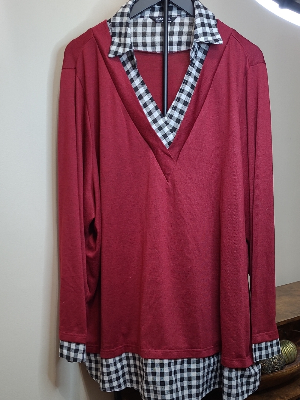 BloomChic Burgundy V-Neck Layered-Look Blouse with Black & White Gingham Size 28
